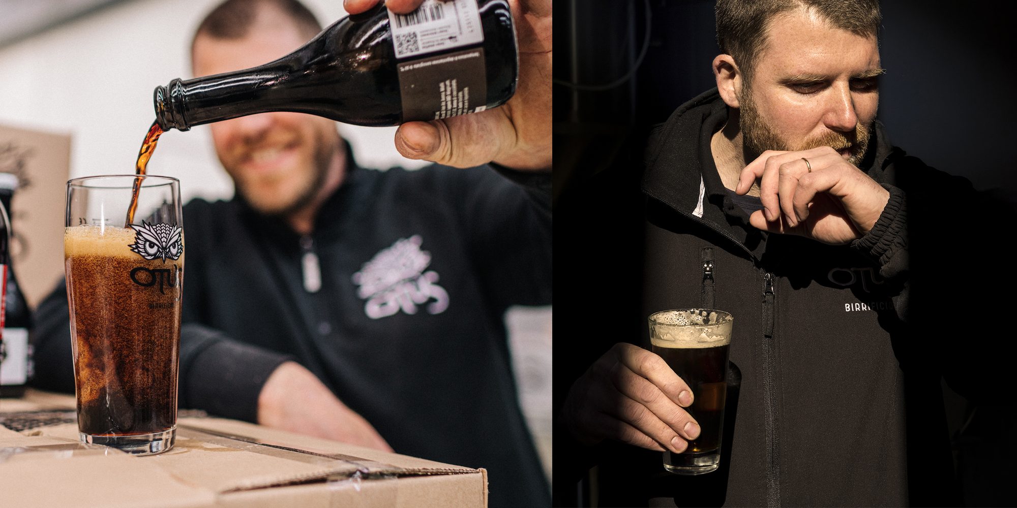 Birra artigianale Otus Ambranera servita in un bicchiere con il logo del birrificio Otus